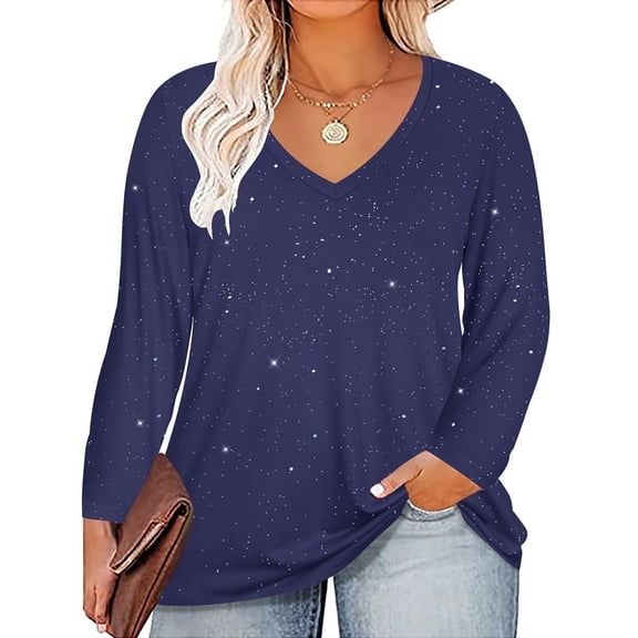 CASSIE LIZ Plus Size Tops 5X Long Sleeve Womens Fall V Neck Blue Glitter Loose Fit Sequin Party Winter Pullovers 5XL 26W 28W