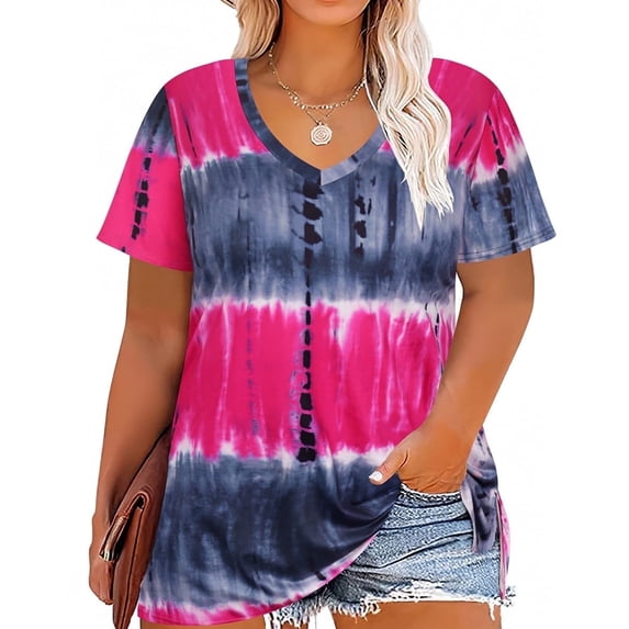 CASSIE LIZ Plus Size Shirts 5X Summer Tie Dye Womens Tops Pink Gray V Neck Fashion Short Sleeve Tee Loose Fit Tunics Spring Blouses Casual Slit Hem Pullovers 5XL 26W 28W