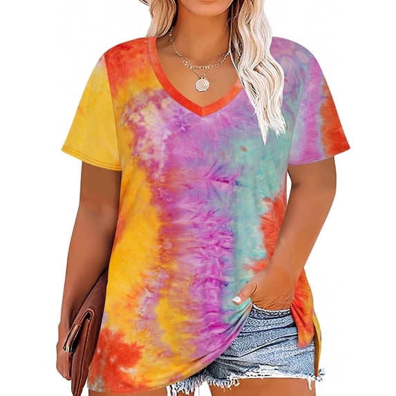 CASSIE LIZ Plus Size Shirts 5X Summer Tie Dye Womens Tops Orange V Neck Fashion Short Sleeve Tee Loose Fit Tunics Spring Blouses Casual Slit Hem Pullovers 5XL 26W 28W