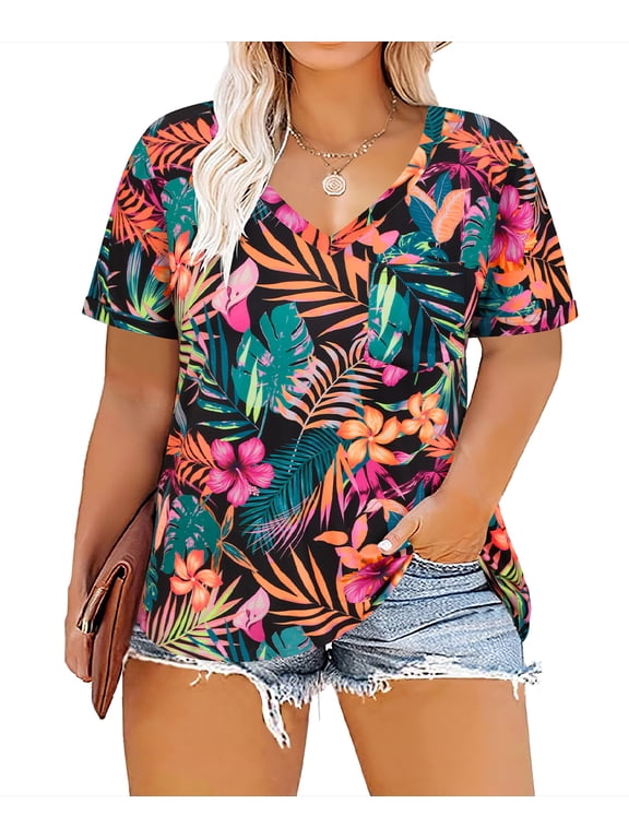 Plus Size Tops 2X Summer Short Sleeve Hawaiian Shirts Womens Floral Blouses Cute Ladies V Neck Tee Tunic Dressy Pullover 2XL 18W 20W
