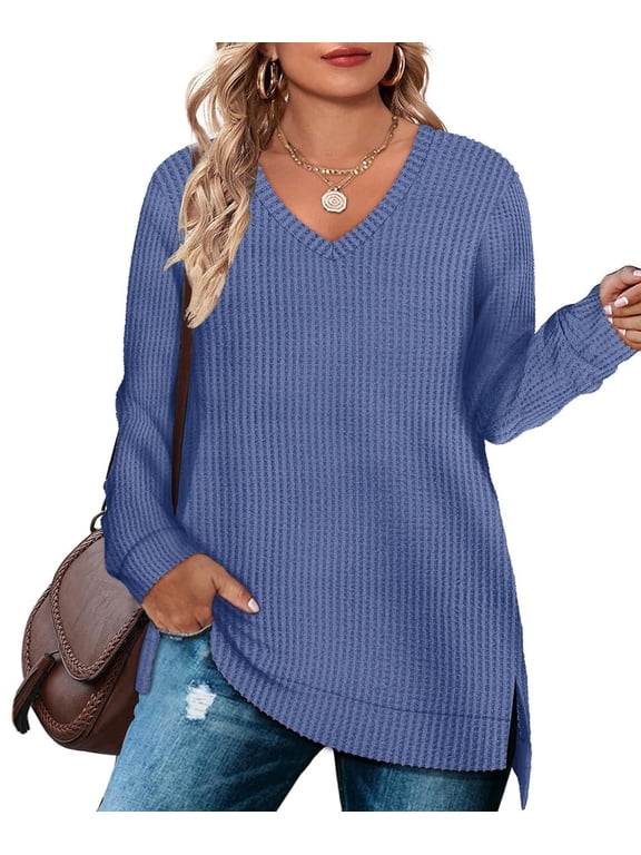 Plus Size Tops 3X Long Sleeve Fall Womens Shirts Fashion V Neck Blue Tunics Waffle Knit Tee Loose Fit Winter Blouses Casual Slit Hem Pullover 3XL 22W 24W