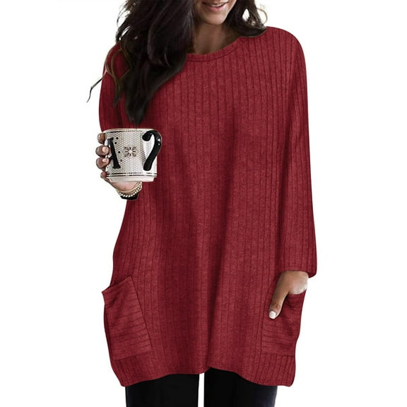 CASSIE LIZ Plus Size Tops 3X Long Sleeve Womens Shirts Fall Crew Neck Wine Red Tunics Fashion Knit Loose Fit Tee Winter Blouses Casual Oversized Pullovers with Pocket 3XL 22W 24W