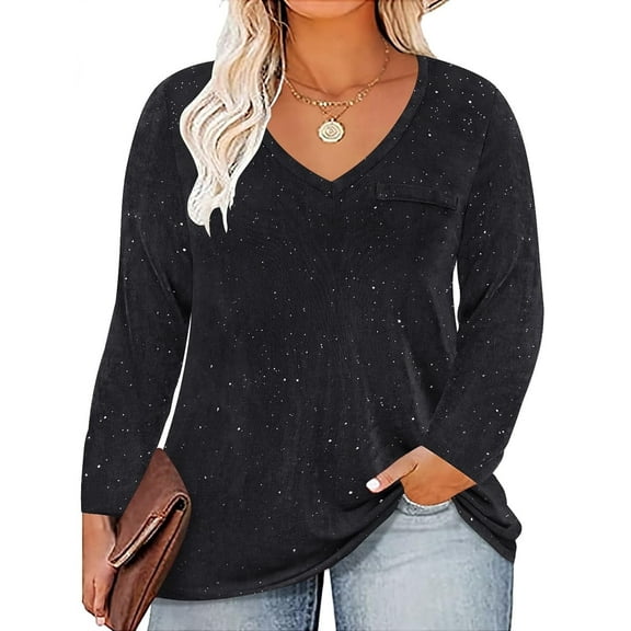 CASSIE LIZ Plus Size Tops 3X Long Sleeve Womens Shirts Fall V Neck Black Glitter Tunics Fashion Loose Fit Sequin Party Tee Winter Blouses Casual Pullovers 3XL 22W 24W