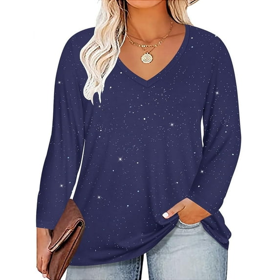 CASSIE LIZ Plus Size Tops 3X Long Sleeve Womens Shirts Fall V Neck Blue Glitter Tunics Fashion Loose Fit Sequin Party Tee Winter Blouses Casual Pullovers 3XL 22W 24W