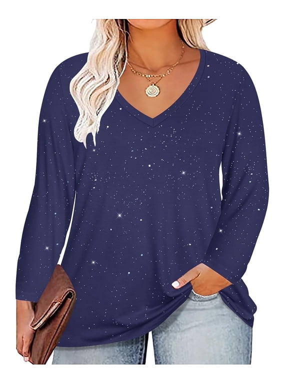 Plus Size Tops 3X Long Sleeve Womens Shirts Fall V Neck Blue Glitter Tunics Fashion Loose Fit Sequin Party Tee Winter Blouses Casual Pullovers 3XL 22W 24W