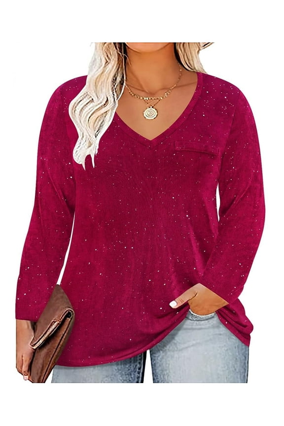 Plus Size Tops 3X Long Sleeve Womens Shirts Fall V Neck Wine Red Glitter Tunics Fashion Loose Fit Sequin Party Tee Winter Blouses Casual Pullovers 3XL 22W 24W