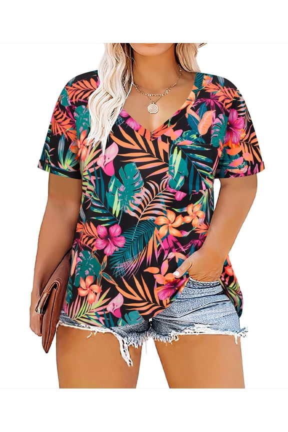 Plus Size Tops 3X Summer Short Sleeve Hawaiian Shirts Womens Floral Blouses Cute Ladies V Neck Tee Tunic Dressy Pullover 3XL 22W 24W
