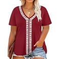 thumbnail image 1 of CASSIE LIZ Plus Size Women's Tops Wine Red Short Sleeve Shirts Spring Fashion Clothes V Neck Lace Trim Tee Shirts Casual Loose Fit Blouses Summer Tunics XL 14W 16W, 1 of 3