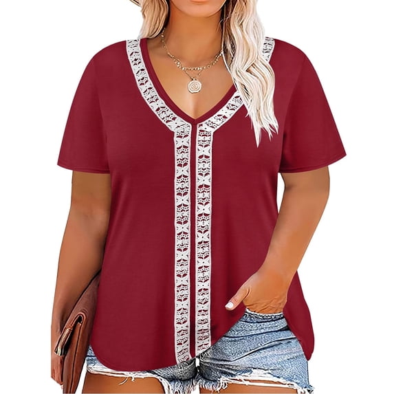 CASSIE LIZ Plus Size Women's Tops Wine Red Short Sleeve Shirts Spring Fashion Clothes V Neck Lace Trim Tee Shirts Casual Loose Fit Blouses Summer Tunics XL 14W 16W