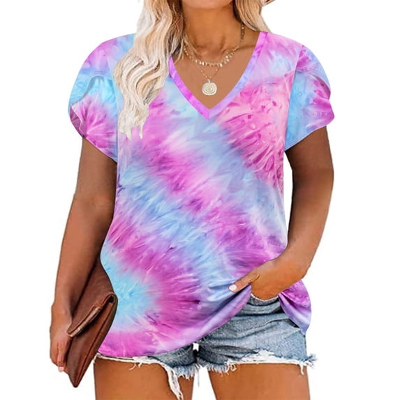 CASSIE LIZ Plus Size Women's Tops Pink Blue Tie Dye Short Sleeve Shirts Spring Fashion Clothes V Neck Puff Tee Shirts Casual Loose Fit Blouses Summer Tunics XL 14W 16W