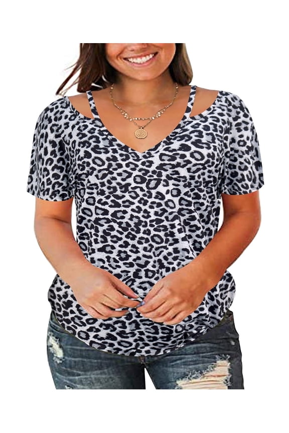 Womens Tops Plus Size Summer Shirts Black Leopard V Neck Fashion Short Sleeve Tee Loose Fit Tunics Spring Blouses Casual Pullover XL 14W 16W