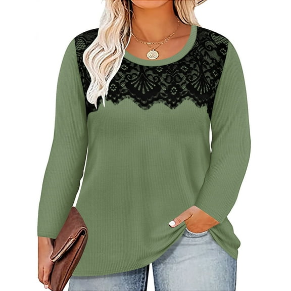 CASSIE LIZ Plus Size Tops 3X Long Sleeve Womens Shirts Fall Crew Neck Green Sweatshirts Fashion Lace Loose Fit Tunics Winter Blouses Casual Pullovers 3XL 22W 24W