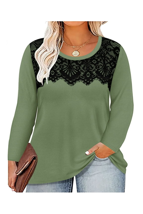 Plus Size Tops 3X Long Sleeve Womens Shirts Fall Crew Neck Green Sweatshirts Fashion Lace Loose Fit Tunics Winter Blouses Casual Pullovers 3XL 22W 24W