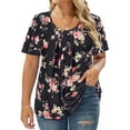 thumbnail image 1 of CASSIE LIZ Womens Tops Plus Size Summer V Neck Shirts Black Fashion Short Sleeve Floral Flowy Tee Loose Fit Tunics Fall Pleated Blouses Casual Swing Pullovers XL 14W 16W, 1 of 7