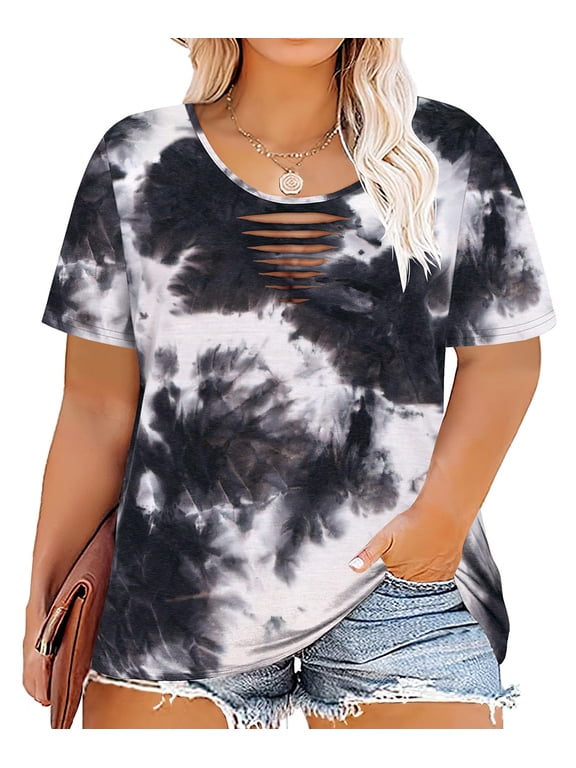 Plus Size Tops 4X Black White Tie Dye Oversized Crew Neck Front Cutout Short Sleeve T-Shirt for Women Summer Casual Loose Fit Tunic Tops Spring Tee 4XL 24W 26W