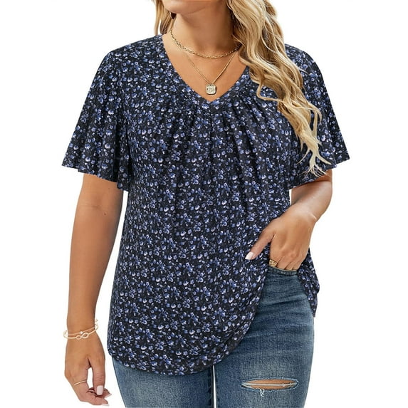CASSIE LIZ Womens Tops Plus Size Summer V Neck Shirts Fashion Short Sleeve Flowy Tee Loose Fit Tunics Fall Pleated Blouses Casual Swing Pullovers Solid/Tie Dye/Floral (XL-5XL)