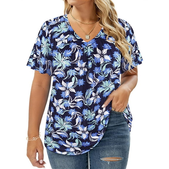 CASSIE LIZ Womens Tops Plus Size Summer V Neck Shirts Fashion Short Sleeve Blue Floral Flowy Tee Loose Fit Tunics Fall Pleated Blouses Casual Swing Pullovers XL 14W 16W