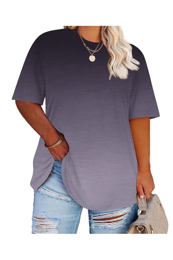 Womens Tops Plus Size Summer Round Neck Shirts Gradient Black Grey Fashion Short Sleeve Tee Loose Fit Tunics Spring Oversized Blouses Casual Pullovers XL 14W 16W