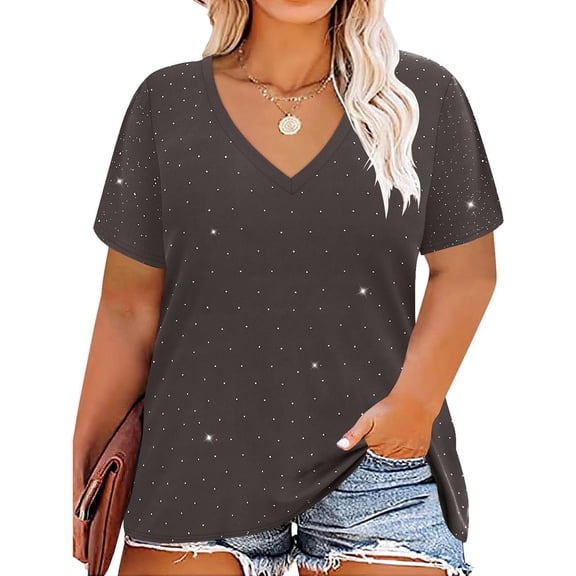CASSIE LIZ Womens Tops Plus Size Summer V Neck Shirts Gray Sequin Party Short Sleeve Fashion Tee Loose Fit Tunics Spring Blouses Casual Slit Hem Pullovers XL 14W 16W