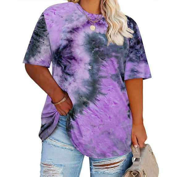 CASSIE LIZ Plus Size Tops Summer Womens Shirts Round Neck Fashion Short Sleeve Tee Loose Fit Tunics Spring Oversized Blouses Casual Pullovers Tie Dye/Leopard/Camo/Gradient/Solid (XL-5XL)