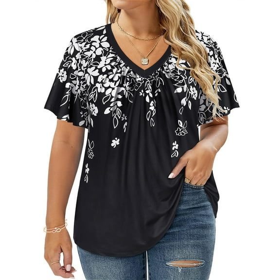 CASSIE LIZ Plus Size Tops for Women Casual White Floral Black Short Sleeve Swing Flowy Blouses Fashion V Neck Pleated Shirts Tee Loose Fit Tunics Spring Summer Pullover XL 14W 16W
