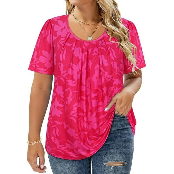CASSIE LIZ Plus Size Tops for Women Hot Pink Floral Short Sleeve Blouses Fashion Swing Crew Neck Shirts Tee Loose Fit Tunics Spring Summer Casual Pullover XL 14W 16W