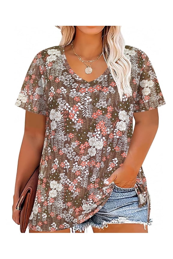 Womens Tops Plus Size Summer V Neck Shirts Khaki Floral Fashion Short Sleeve Tee Loose Fit Tunics Spring Blouses Casual Slit Hem Pullovers XL 14W 16W