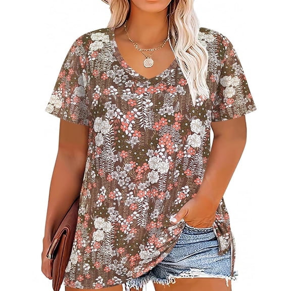CASSIE LIZ Womens Tops Plus Size Summer V Neck Shirts Khaki Floral Fashion Short Sleeve Tee Loose Fit Tunics Spring Blouses Casual Slit Hem Pullovers XL 14W 16W