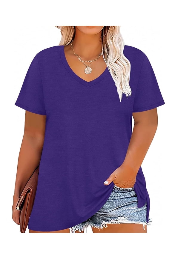 Womens Tops Plus Size Summer V Neck Shirts Purple Fashion Short Sleeve Tee Loose Fit Tunics Spring Blouses Casual Slit Hem Pullovers XL 14W 16W