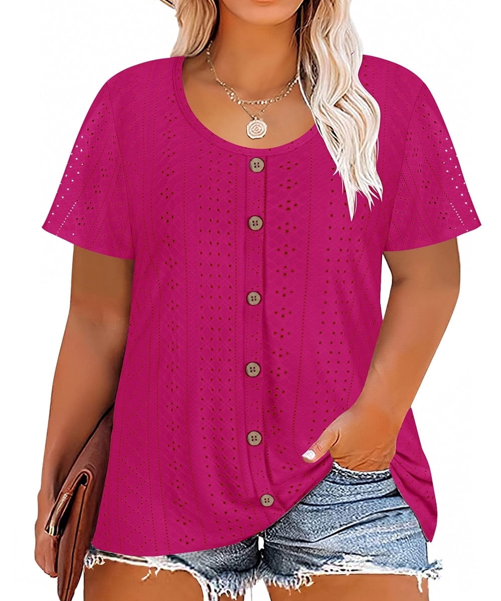 CASSIE LIZ Plus Size Tops for Women Rose Red Short Sleeve Blouses Fashion  Crew Neck Shirts Button Up Embroidered Tee Loose Fit Tunics Spring Summer  Casual Pullover XL 14W 16W - Walmart.com