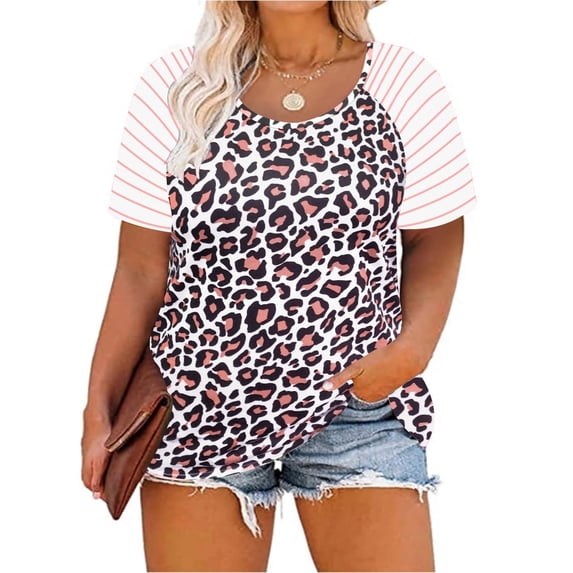 CASSIE LIZ Plus Size Women's Tops Leopard Short Sleeve Shirts Spring Fashion Clothes Striped Raglan Crew Neck Cheetah Tee Shirts Casual Loose Fit Blouses Summer Tunics XL 14W 16W