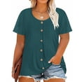 thumbnail image 1 of CASSIE LIZ Plus Size Tops for Women Teal Blue Short Sleeve Blouses Fashion Crew Neck Shirts Button Up Embroidered Tee Loose Fit Tunics Spring Summer Casual Pullover XL 14W 16W, 1 of 7