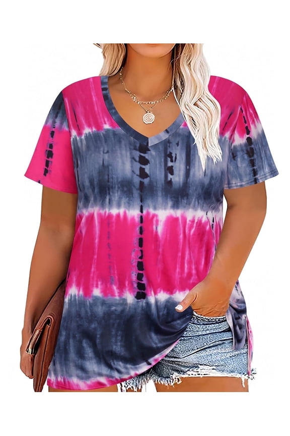 Womens Tops Plus Size Summer Tie Dye Shirts Pink Gray V Neck Fashion Short Sleeve Tee Loose Fit Tunics Spring Blouses Casual Slit Hem Pullovers XL 14W 16W