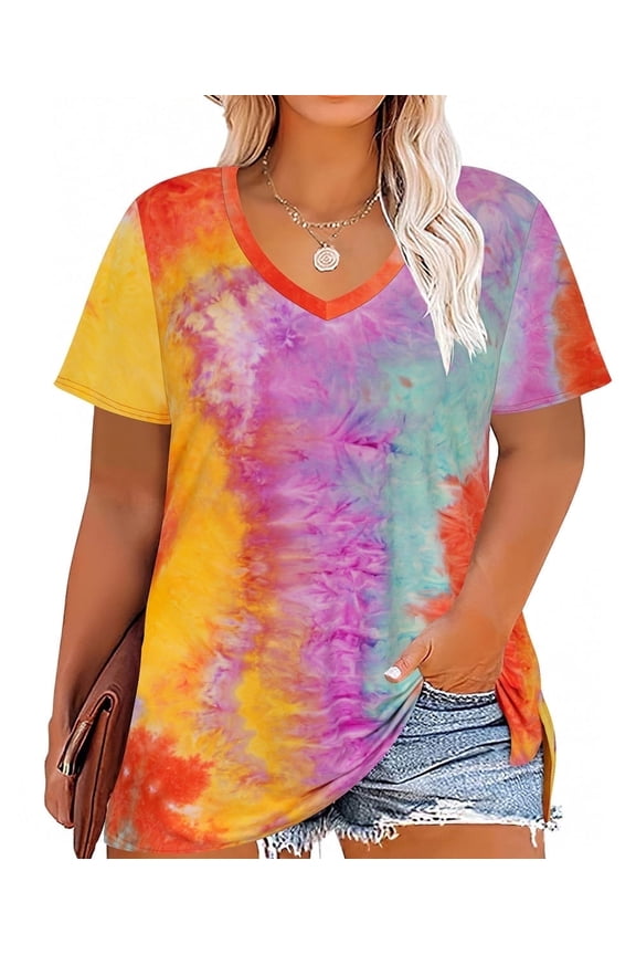 Womens Tops Plus Size Summer Tie Dye Shirts Orange V Neck Fashion Short Sleeve Tee Loose Fit Tunics Spring Blouses Casual Slit Hem Pullovers XL 14W 16W