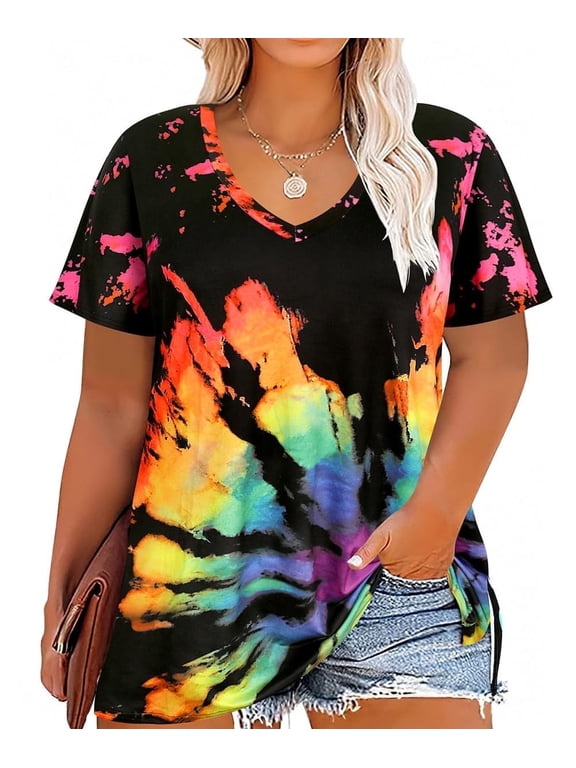 Plus Size Tops Summer Womens Shirts V Neck Fashion Short Sleeve Tee Loose Fit Tunics Spring Blouses Casual Pullover Casual Pullovers Floral/Tie Dye/Leopard/Patriotic/Striped/Solid (XL-5XL)