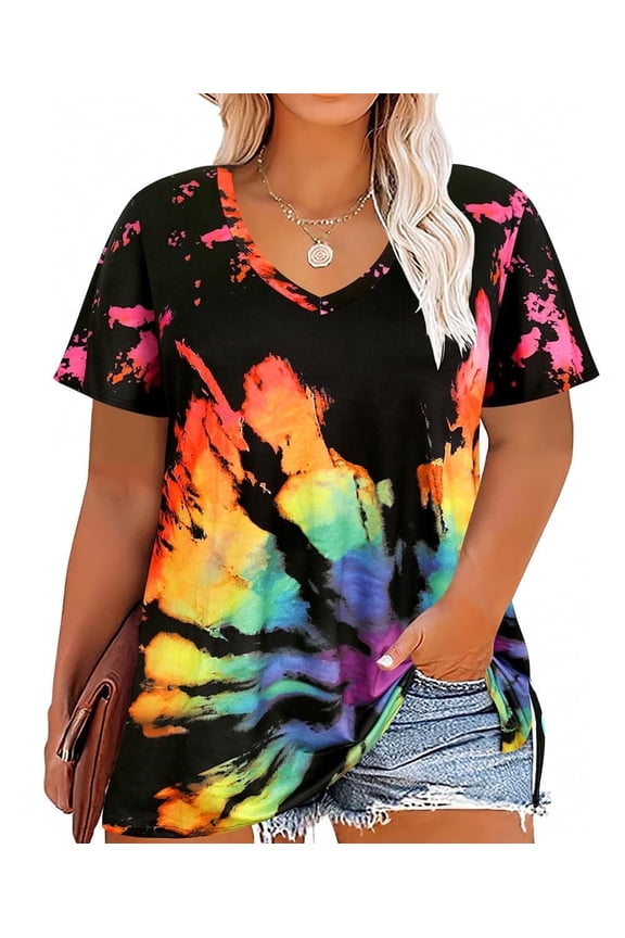 Plus Size Tops Summer Womens Shirts V Neck Fashion Short Sleeve Tee Loose Fit Tunics Spring Blouses Casual Pullover Casual Pullovers Floral/Tie Dye/Leopard/Patriotic/Striped/Solid (XL-5XL)