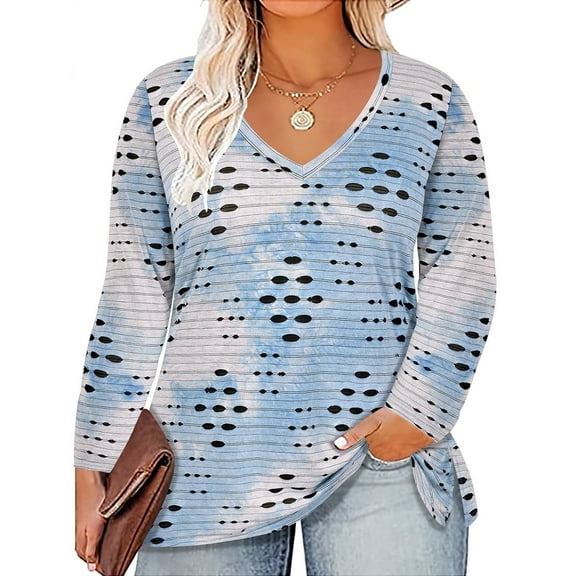 CASSIE LIZ Womens Tops Plus Size Long Sleeve Tie Dye Shirts Fall V Neck Blue White Sweatshirts Fashion Tee Loose Fit Tunics Winter Blouses Casual Slit Hem Pullovers XL 14W 16W