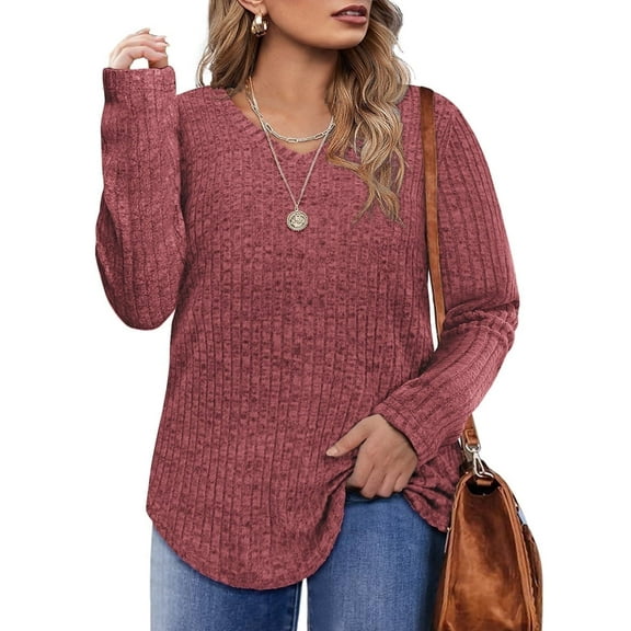 CASSIE LIZ Plus Size Tops Womens 3X Casual Red Lightweight Sweatshirts Striped Classic V-neck Tops Fall and Winter Pullover Tunics Sweaters 3XL 22W 24W
