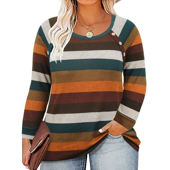 CASSIE LIZ Plus Size Sweatshirts 5X Long Sleeve Womens Tops Fall Crew Neck Colorful Striped Shirts Fashion Buttons Tee Loose Fit Tunics Winter Blouses Casual Pullovers 5XL 26W 28W