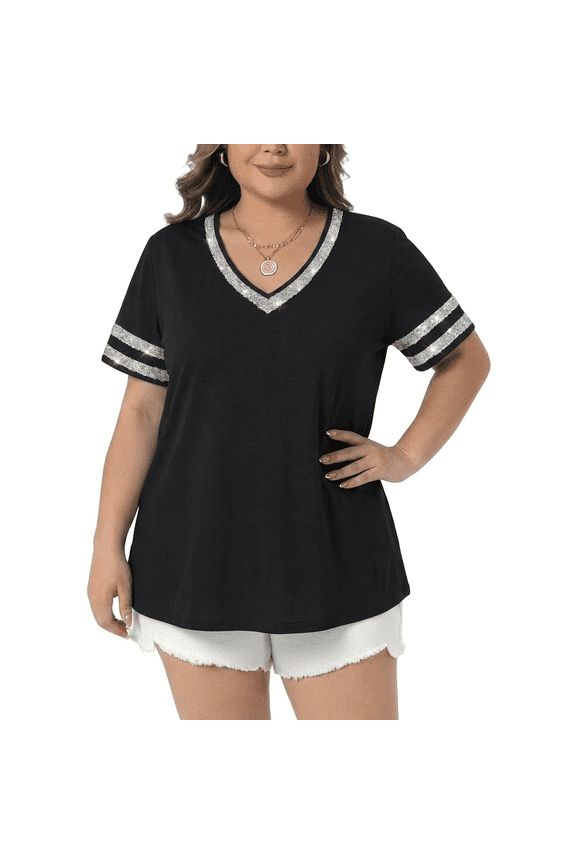 Womens Plus Size Tops Summer T Shirts Short Sleeve Glitter Trim V Neck Tunic Tops for Women Casual Blouse Oversized Tees XL-5XL