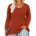 thumbnail image 1 of CASSIE LIZ Plus Size Tops for Women Solid Brown Long Sleeve Shirts Round Neck Casual Tunics Solid Striped Blouse Fall Winter Spring Pullover 2XL, 1 of 3