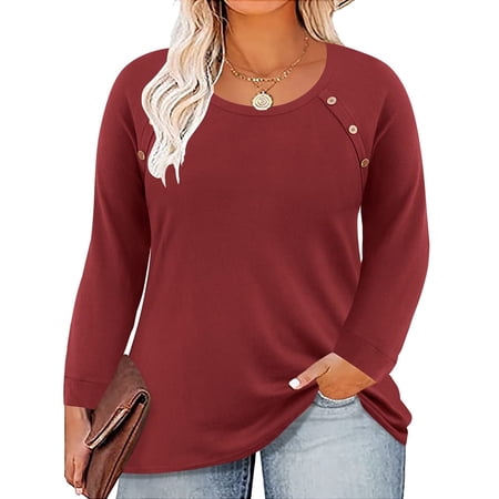 CASSIE LIZ Womens Tops Plus Size Long Sleeve Shirts Fall Crew Neck Basic Wine Red Sweatshirts Fashion Buttons Tee Loose Fit Tunics Winter Blouses Casual Pullovers XL 14W 16W
