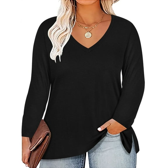 CASSIE LIZ Womens Tops Plus Size Long Sleeve Shirts Fall V Neck Basic Black Sweatshirts Fashion Tee Loose Fit Tunics Winter Blouses Casual Slit Hem Pullovers XL 14W 16W