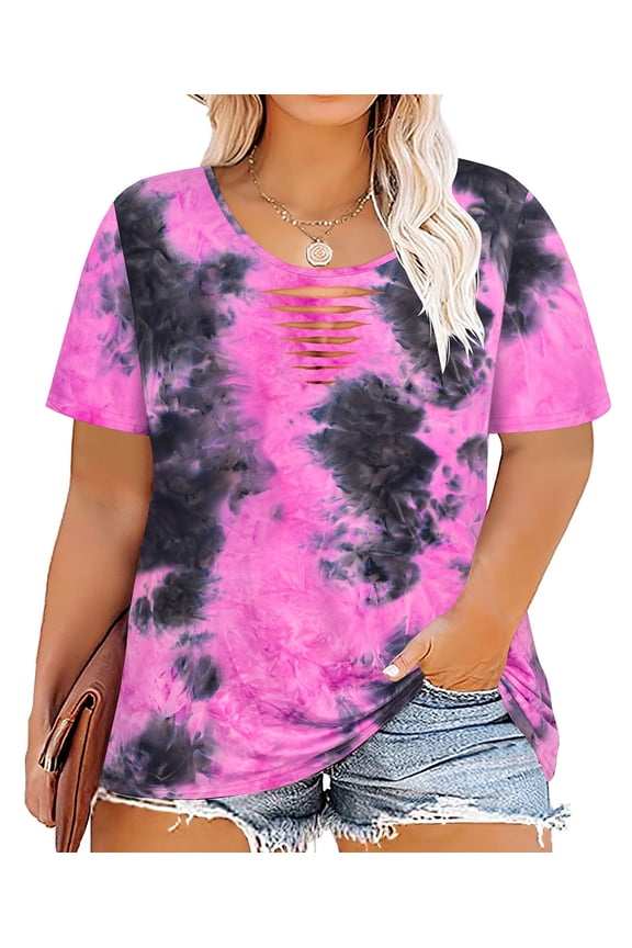 Plus Size Trendy Daily Outfit Pink & Black Tie Dye Tops Women Crewneck Cutout Short Sleeve Oversized Loose Tunic Blouses 3XL 22W 24W