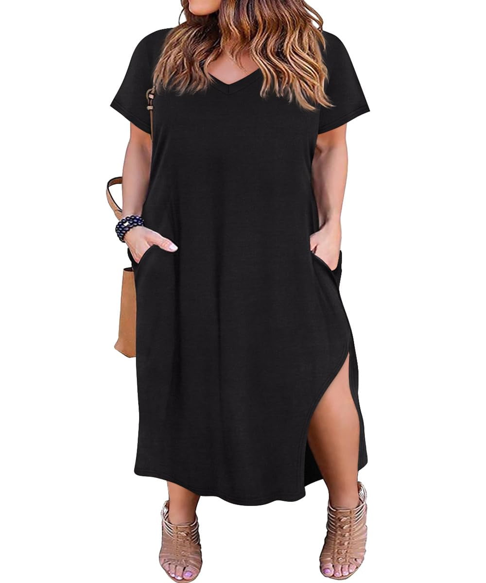 SOLY HUX Women's Plus Size T-Shirt Dress - Cold Shoulder, Short Sleeve, Split Hem Maxi For Summer