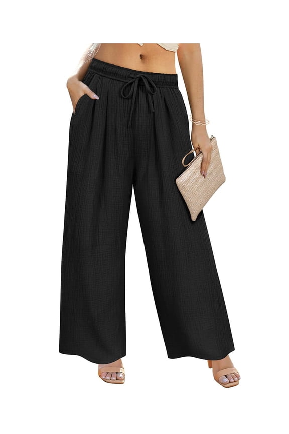 Plus Size Pants 3X Womens Black Lounge Yoga Pants Knit Palazzo Summer Athletic Pants Casual Workout Wide Leg Pants Fashion Loose Fit Drawstring Exercise Pants with Pocket 3XL 22W 24W