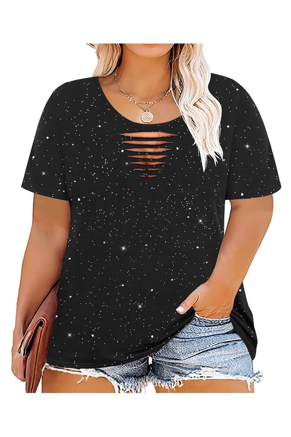 Plus Size Summer Tops 4X Black Sequin Summer Shirts Crew Neck Ripped Cutout Fashion Short Sleeve Tee Loose Fit Tunics Spring Blouses Casual Tunic Tops 4XL 24W 26W