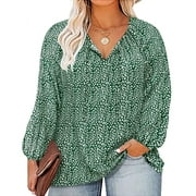 CASSIE LIZ Plus Size Womens Tops 4X Long Sleeve Shirts Fall V Neck Green Boho T Shirts Fashion Drawstring Tunics Loose Fit Summer Blouses Casual Pullovers 4XL 24W 26W