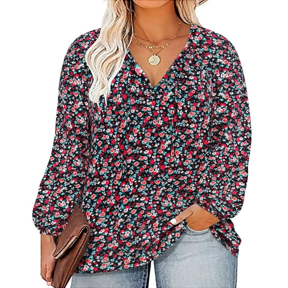CASSIE LIZ Womens Tops Plus Size Long Sleeve Shirts Fall V Neck Floral Black T Shirts Fashion Drawstring Tunics Loose Fit Summer Blouses Casual Pullovers XL 14W 16W