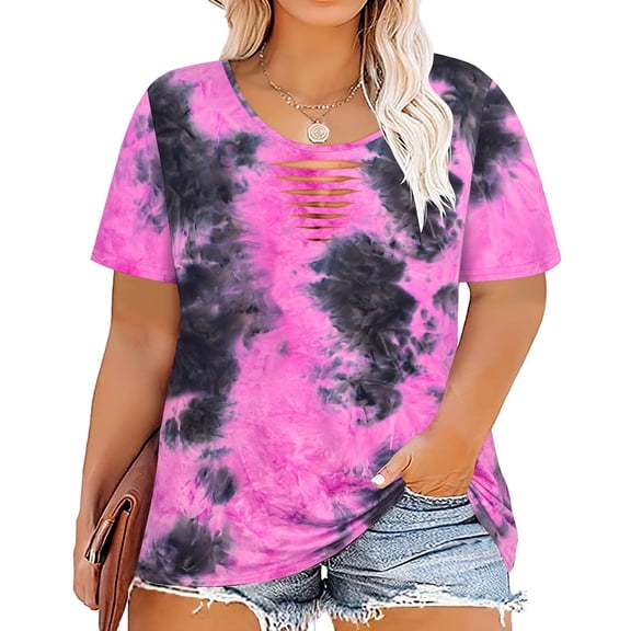 CASSIE LIZ Plus Size Women Pink Black Tie Dye Oversized Blouse Trendy Daily Outfit Summer Short Sleeve Crewneck Cutout Loose Tunic Tops 4XL 24W 26W